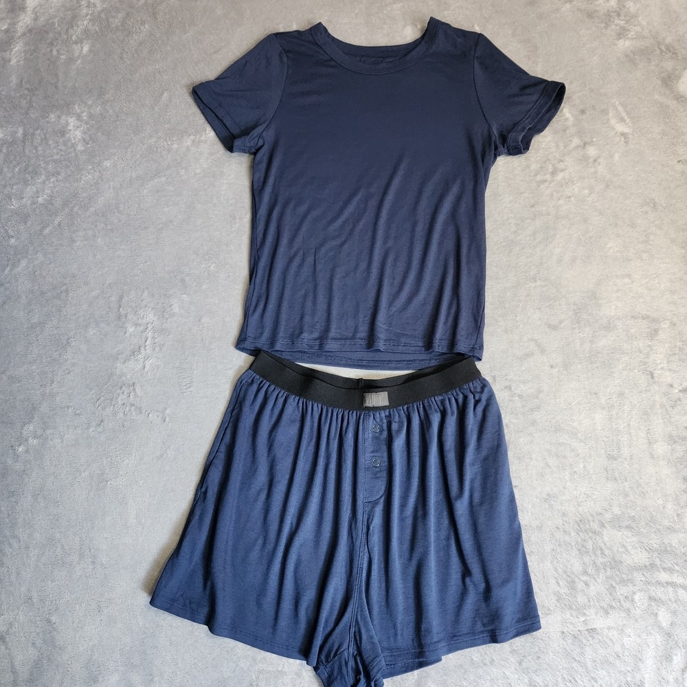 New Lunya Soft Modal Ribbed Tee & Short Set Deep Blue XS Pajamas Lounge $128